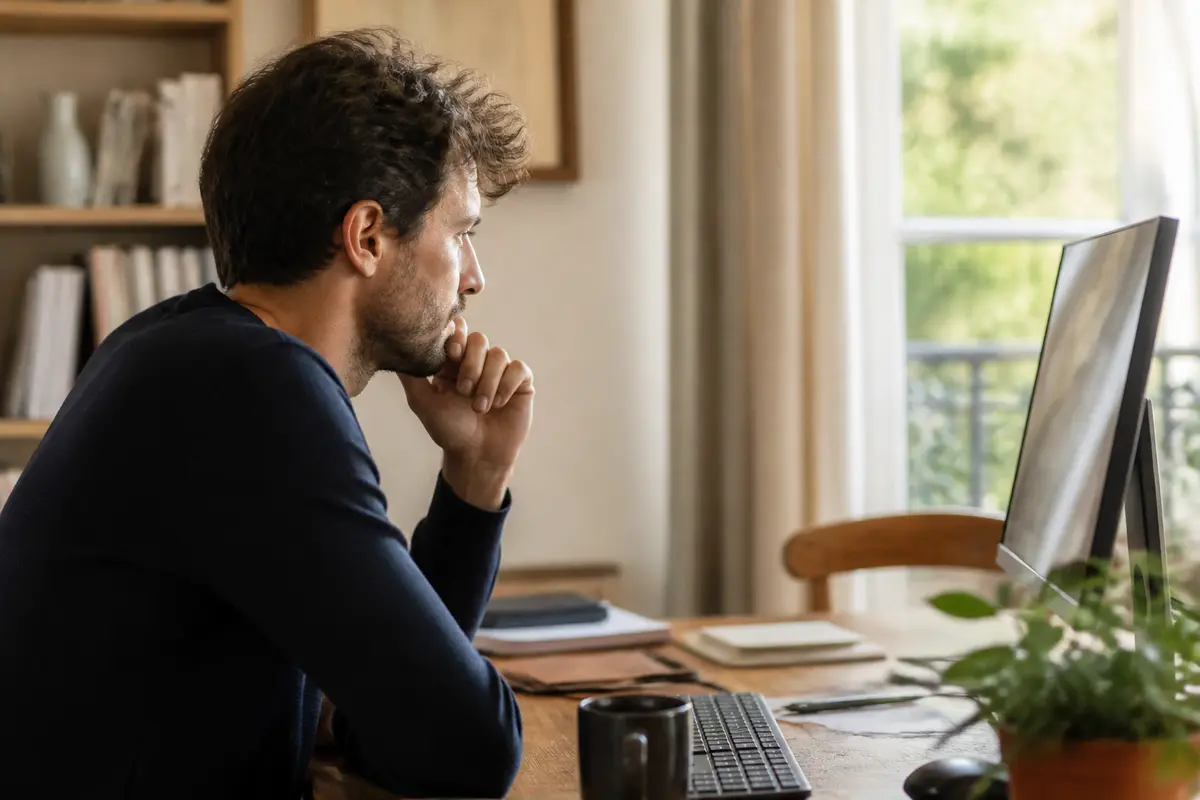 Homme pensif devant ordinateur, bureau lumineux avec plante, tasse et livres en arrière-plan.