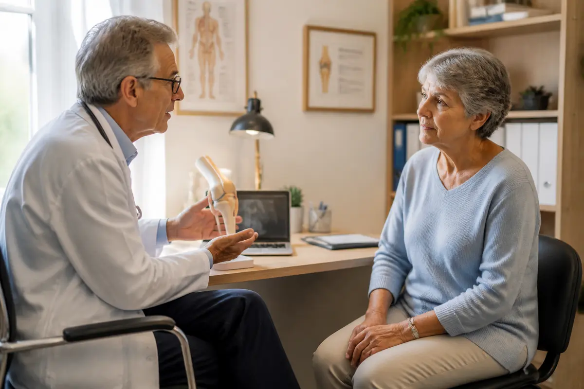Un médecin discute avec une patiente âgée dans un bureau médical, tenant un modèle anatomique.
