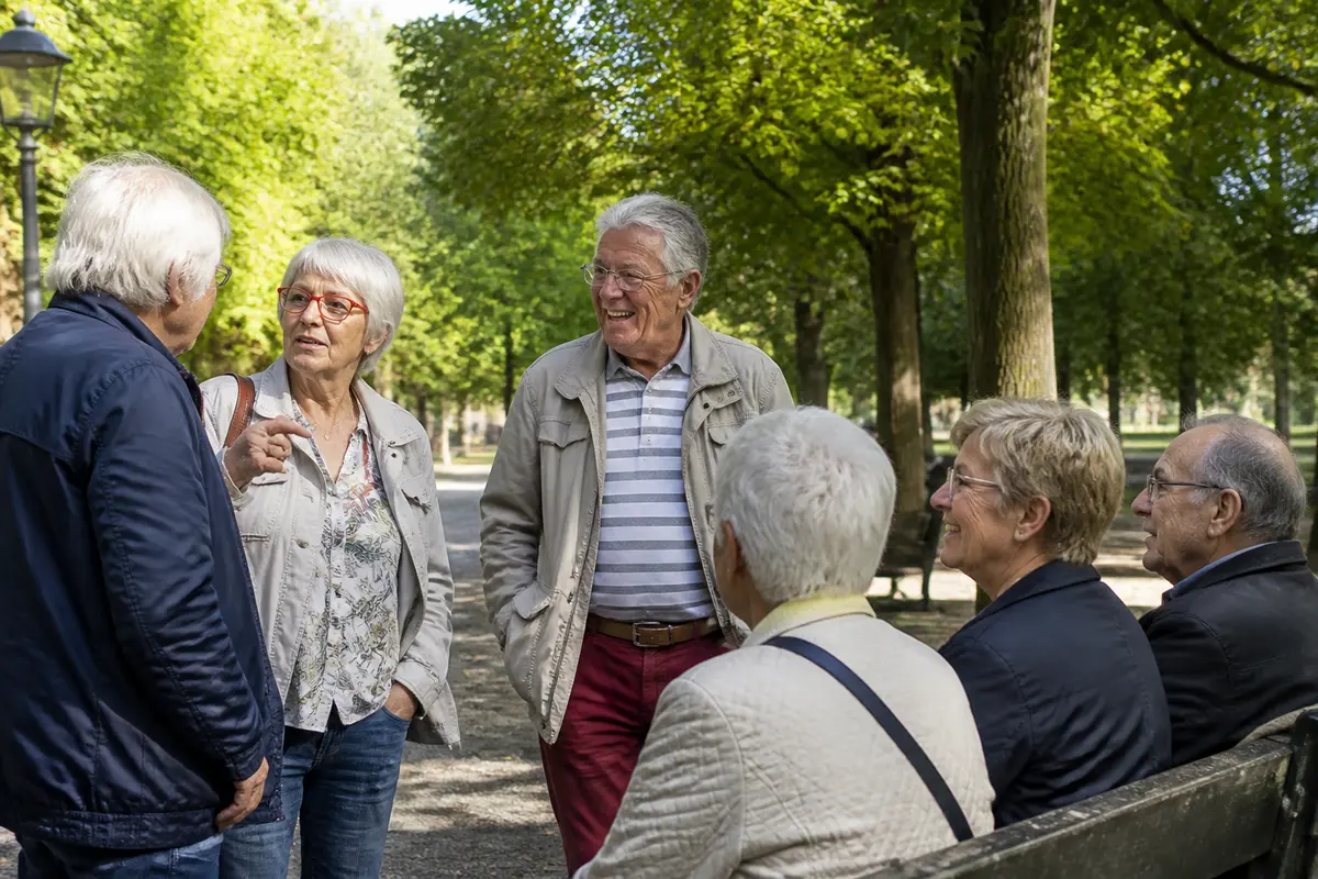 Des personnes âgées discutent ensemble dans un parc, entourées d'arbres et de lumières du jour.