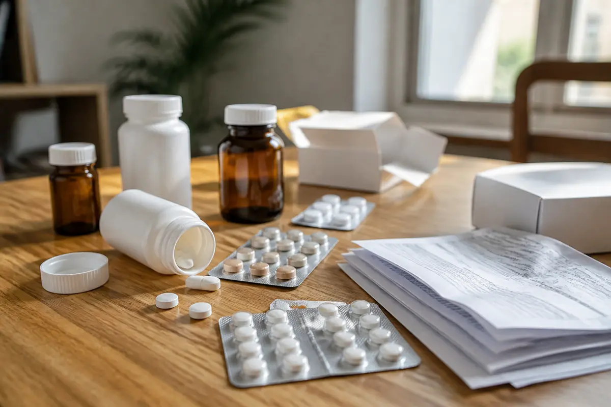 Bouteilles, plaquettes de médicaments, feuilles et boîtes sur table en bois, éclairage naturel.