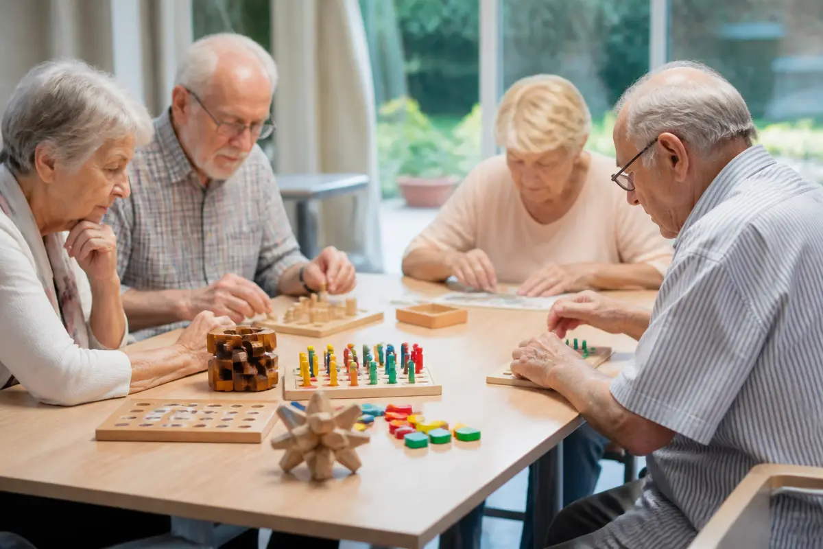 Personnes âgées jouant à des jeux de société dans une pièce lumineuse, concentrées sur leurs activités.