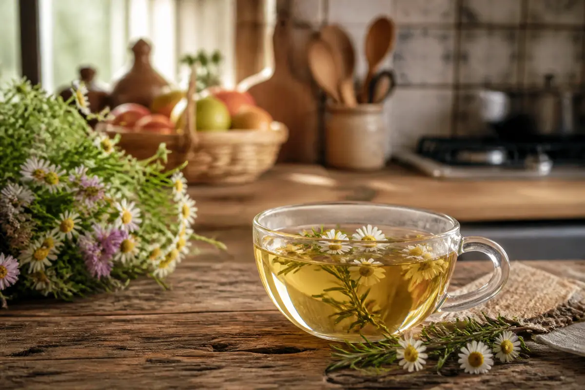 Tasse de tisane à la camomille sur une table en bois rustique, fleurs et lumière naturelle.