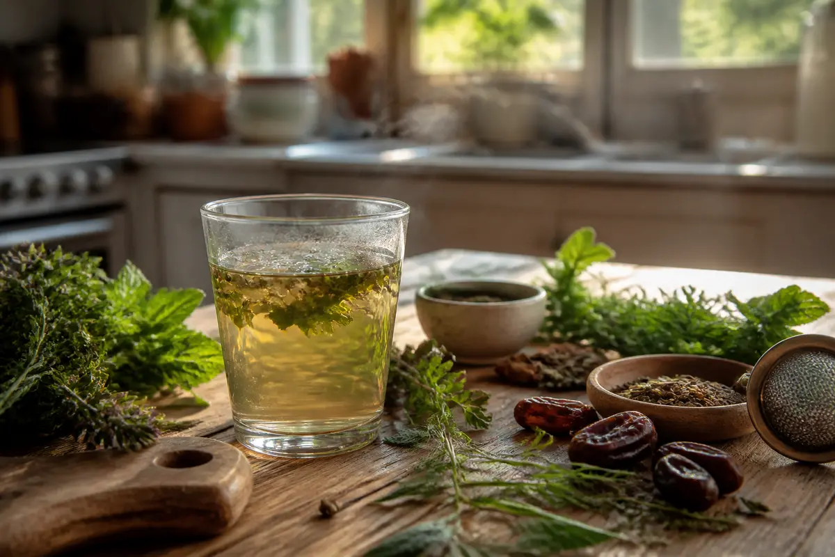 Verre de tisane aux herbes fraîches sur une table en bois dans une cuisine lumineuse.