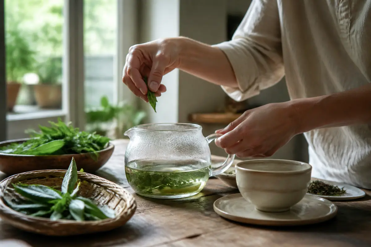Personne préparant une infusion en ajoutant des feuilles fraîches dans une théière en verre. Scène de cuisine.